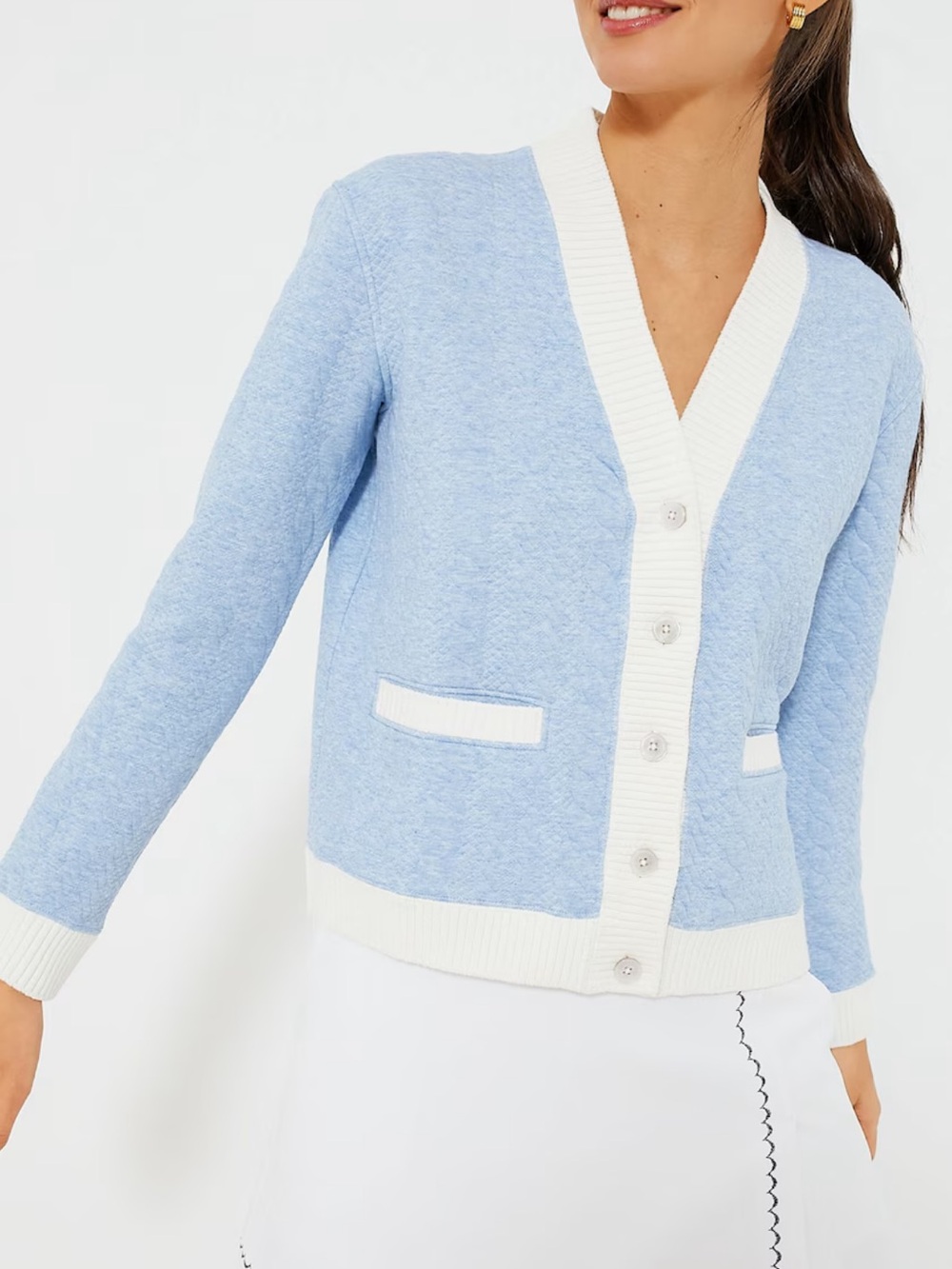Tuckernuck Charley Cable Knit Cardigan Light Blue White Trim M